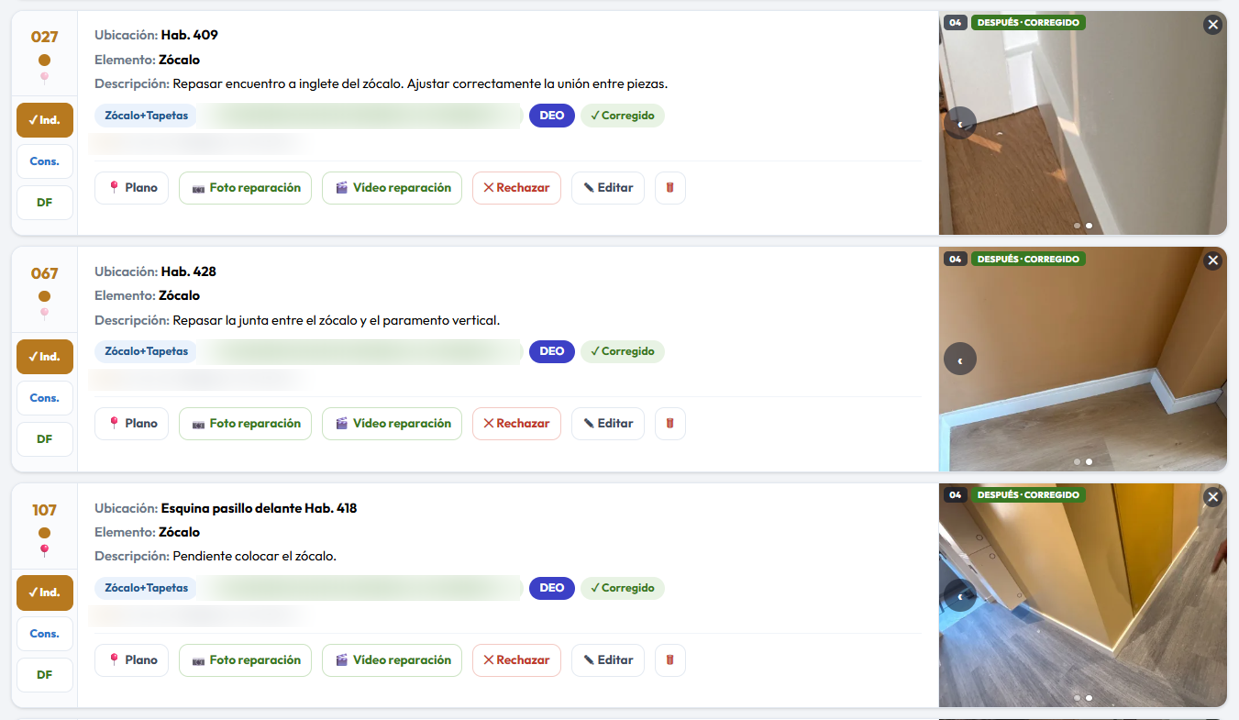 Lista de repasos con los tres niveles de cierre a la izquierda de cada ficha