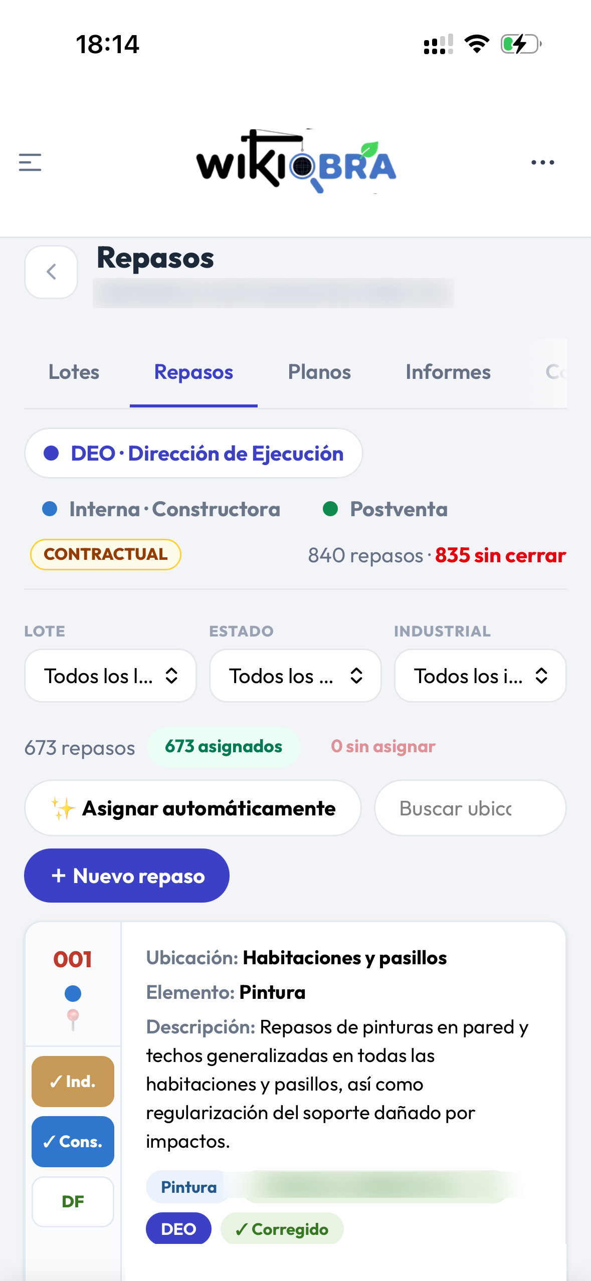 Lista de repasos de una obra vista desde el móvil, con los filtros y la asignación