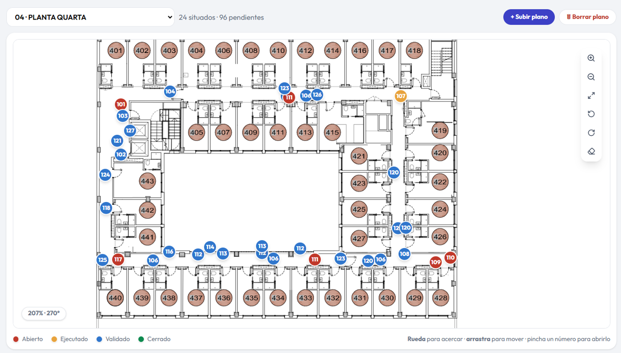 Plano de una planta con los repasos situados y numerados, coloreados según su estado